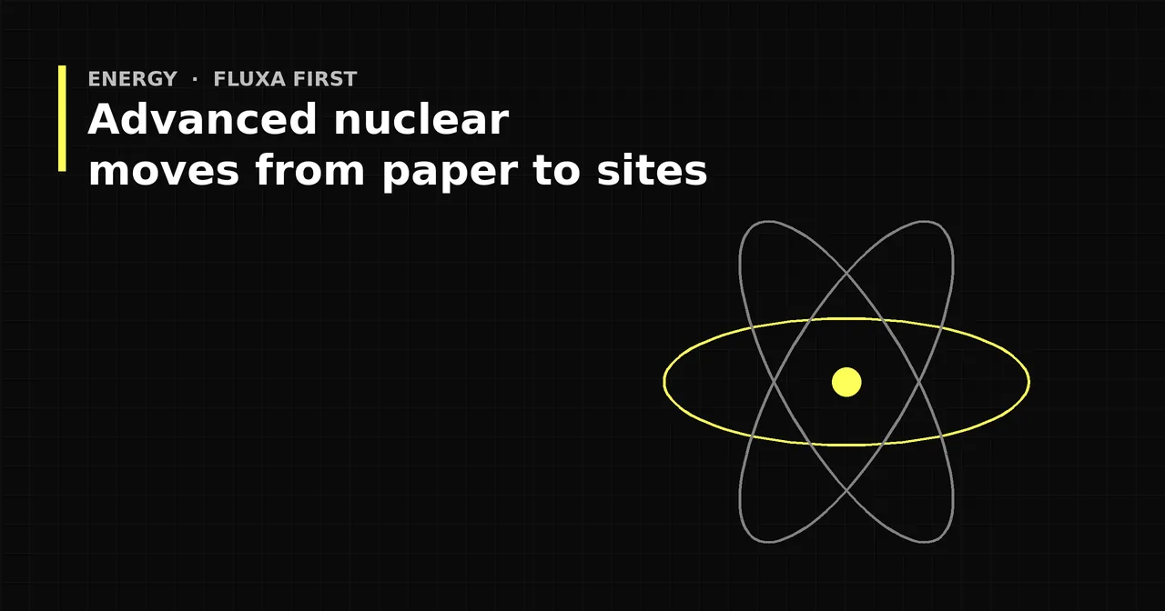 Black and yellow graphic of an atom with three orbits and a yellow nucleus, titled Advanced nuclear moves from paper to sites.