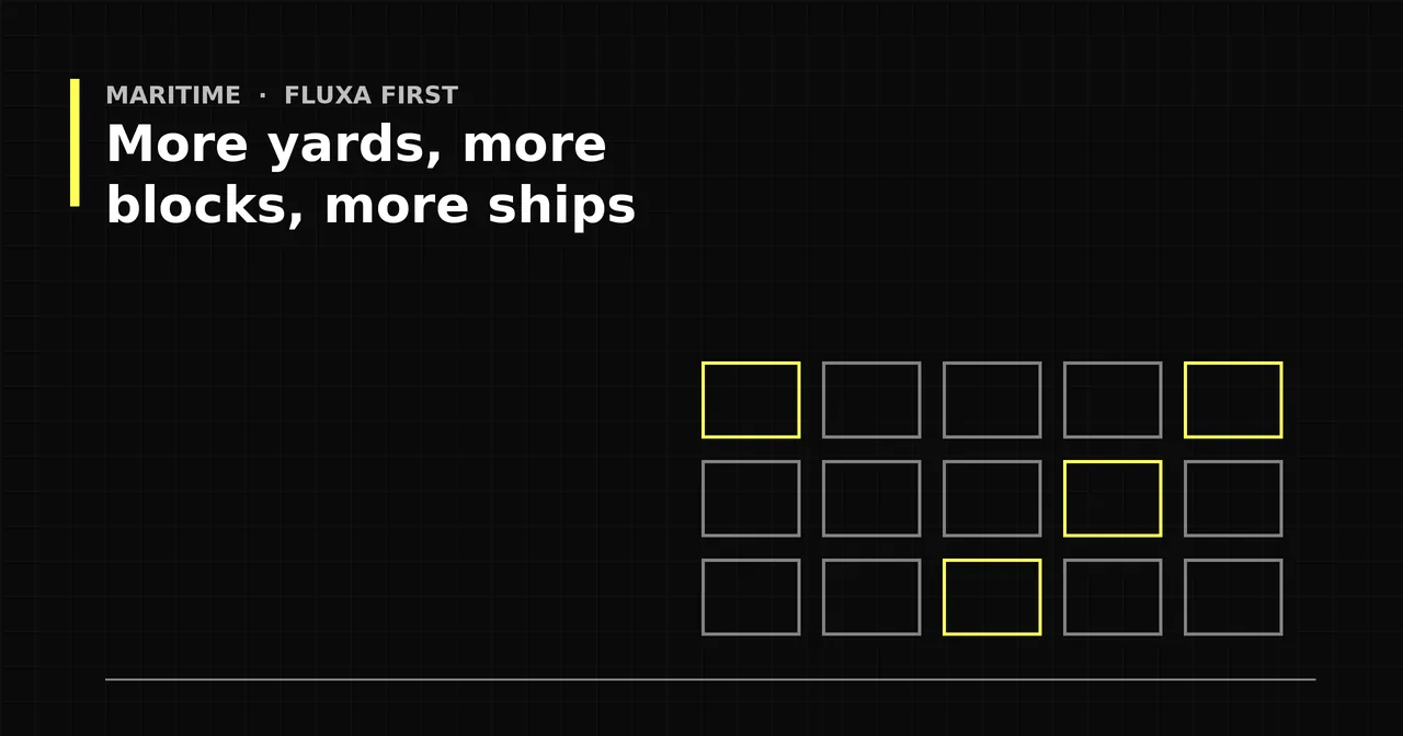 Black and yellow graphic of a grid of outlined modules above a waterline, titled More yards, more blocks, more ships.