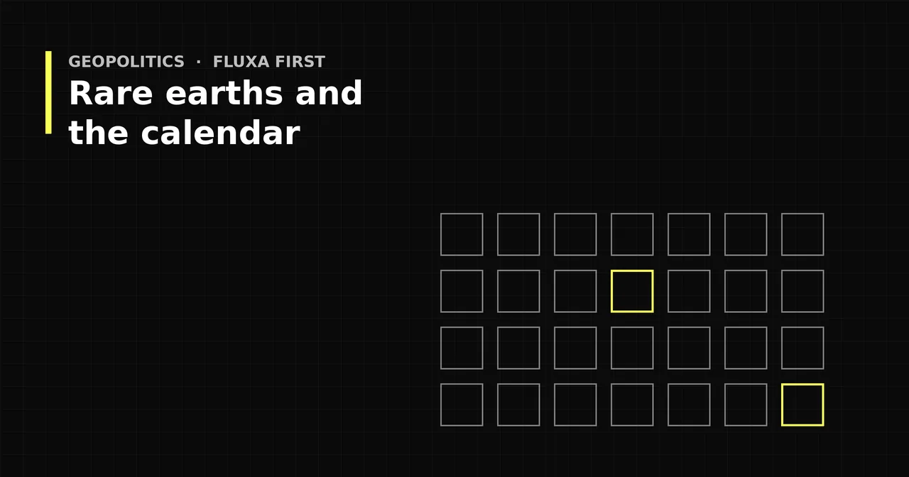 Black and yellow graphic of a calendar grid with two highlighted dates, titled Rare earths and the calendar.
