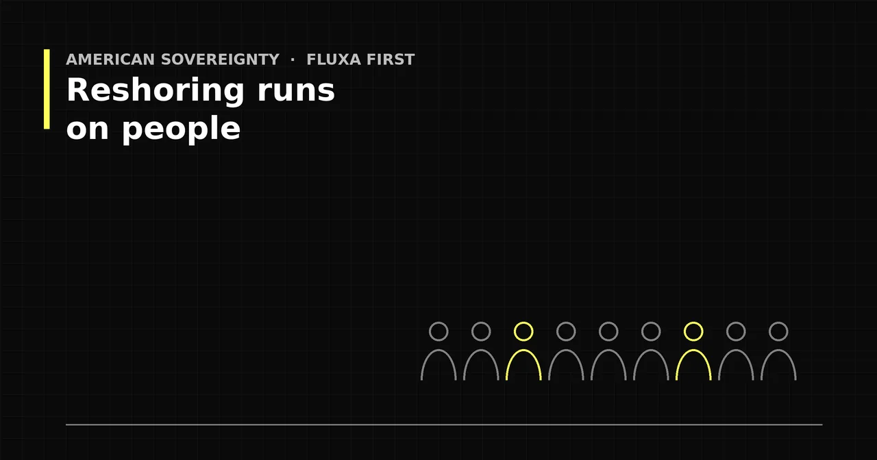 Black and yellow graphic of a row of simple outlined figures, two highlighted in yellow, titled Reshoring runs on people.