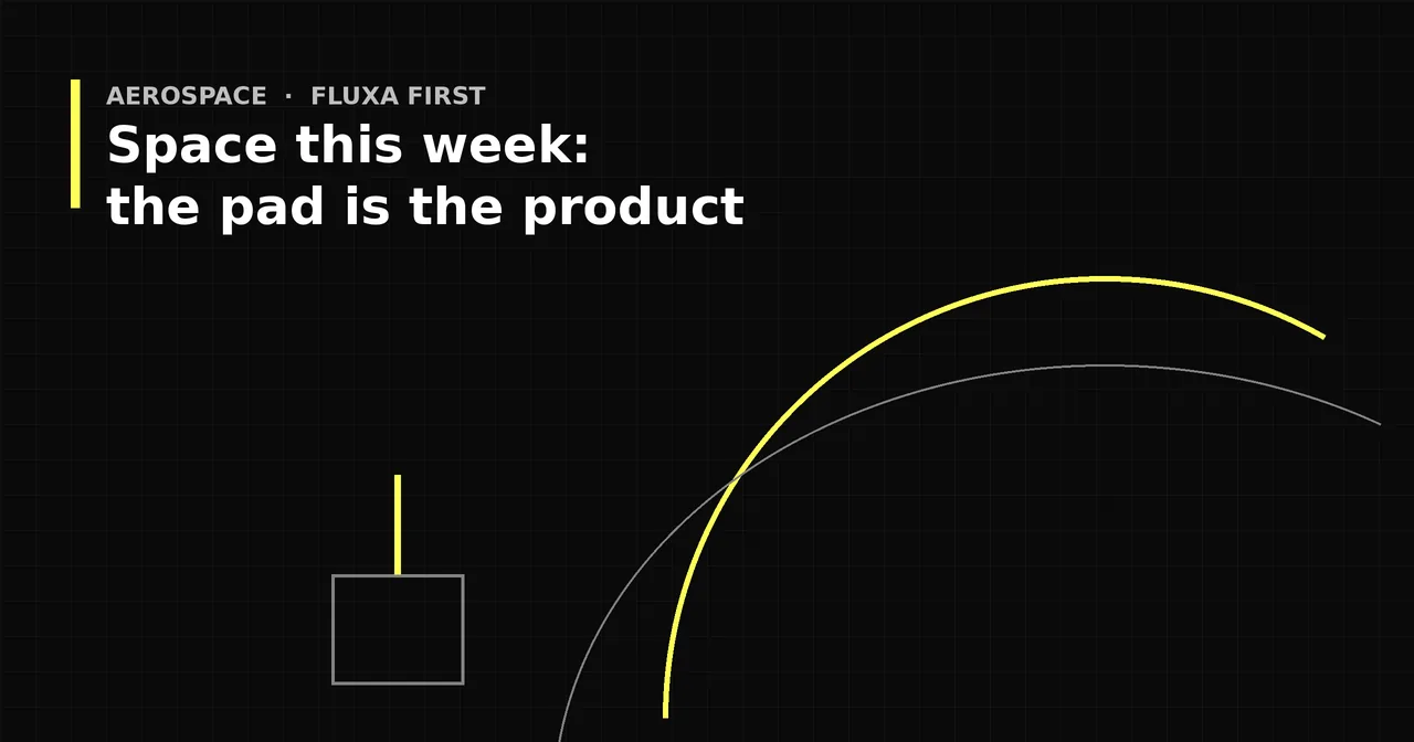 Black and yellow graphic of a launch tower beside two curved orbital arcs, titled Space this week, the pad is the product.