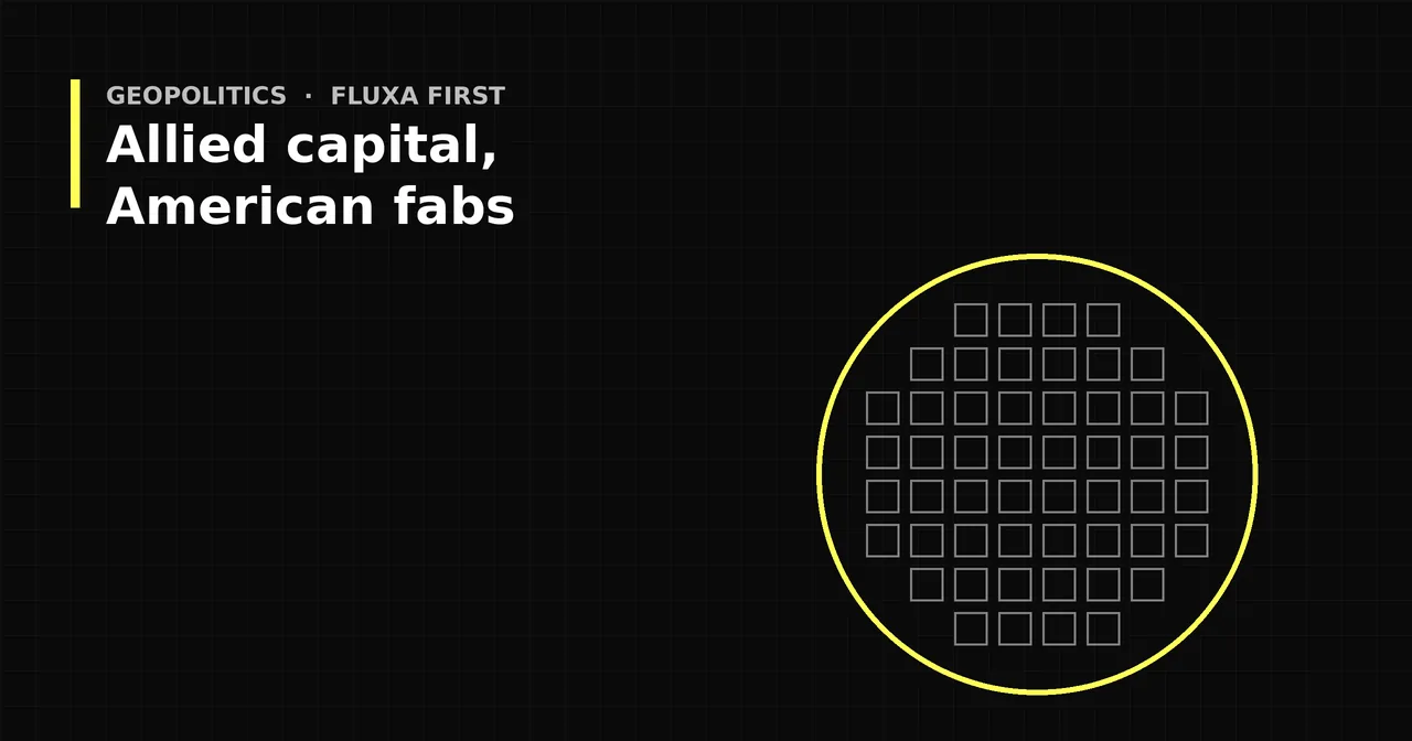 Black and yellow graphic of a circular silicon wafer with a grid of dies on a dark background, titled Allied capital, American fabs.