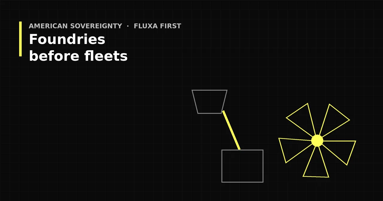 Black and yellow graphic of a ladle pouring into a mold beside a propeller outline on a dark grid, titled Foundries before fleets.