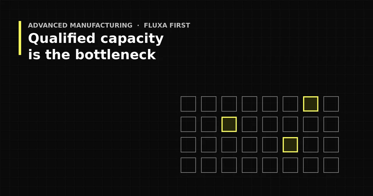 Black and yellow graphic of a factory floor grid with a few highlighted certified cells, titled Qualified capacity is the bottleneck.